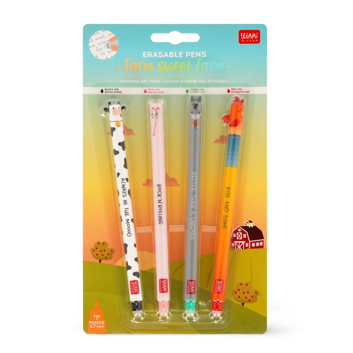 Set of 4 erasable gel pens farm - Set di 4 penne gel cancellabili tema fattoria
